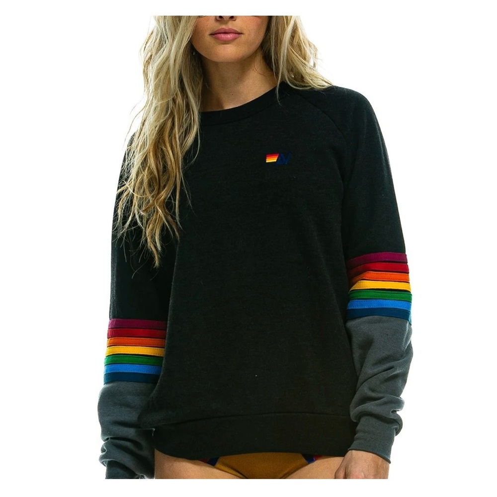 Aviator Nation Black Sweatshirt with Rainbow Sleeve Stripes